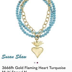 Susan Shaw Gold and Turquoise Heart Necklace Flaming Heart
